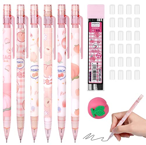AUAUY 6PCS Niedlich Druckbleistifte, Bleistiftminen 0,5MM Druckbleistift Set mit 1 Box Ersatzminen und Radiergummis, Wiederverwendbar Automatische Mechanische Stifte für Das Schreiben Malen Skizzieren