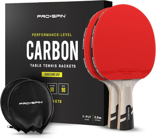 PRO SPIN Carbon Tischtennisschläger | 7-lagiges Schlägerblatt, Offensiv-Gummi, 2,0-mm-Polster, Hochwertige Schutzhülle | Elite Series Carbon Tischtennisschlaeger (2er-Pack)