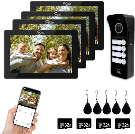 ANJIELO SMART 1080P Video Door Phone Intercom System(Wired Doorbell), 4-Family Doorbell, 7-inch Touchscreen Display, Unlocking Support, Two-Way Intercom (Black)