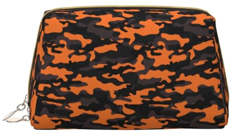 Bolsa de maquillaje de cuero, bolsa de maquillaje de camuflaje naranja y negro, bolsa de aseo de viaje para mujeres, bolsa de maquillaje, organizador de bolsa de maquillaje de gran capacidad, bonita
