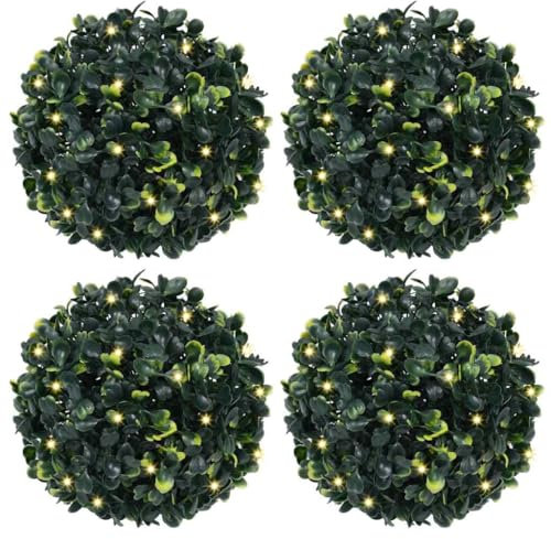 vidaXL Plastkulor av buxbom med LED-lampor 4 st gröna 12 cm, Konstgjord boll formklippning, Konstgjord buxbom boll, Konstgjord formklippning boll i kruka