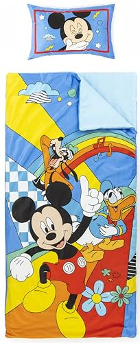 Sac de Couchage Disney Mickey Mouse avec Oreiller intégré, Ensemble Couverture et Oreiller, Tapis de Sieste avec poignée de Transport, 2 pièces