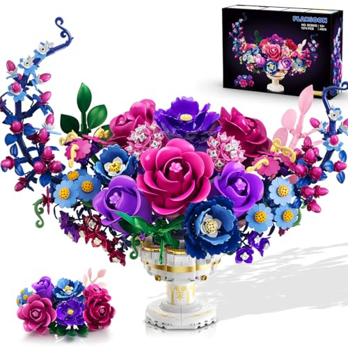 PLAXSOON Set de Construction Floral en Forme de Lune avec Vase, Bouquet de Fleurs Artificielles à Construire, Décoration Botanique Lumineuse pour Maison et Bureau, Cadeau Créatif pour Femmes, 12+