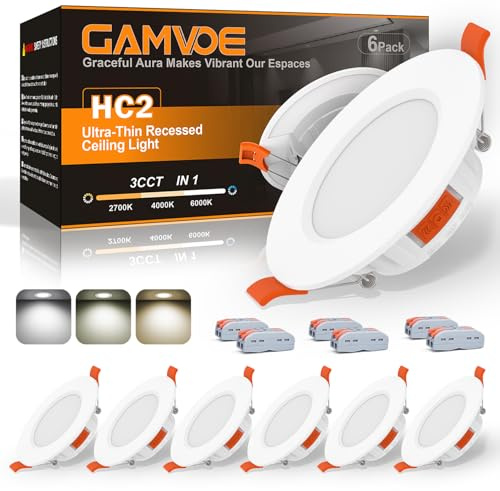 Recessed Ceiling Lights,GAMVOE Downlights for Ceiling 6W 3CCT 2700K/4000K/6000K Adjustable,LED Bathroom Spotlight Cut Diameter 67-99mm NON Dimmable Ultra Slim Downlight for Kitchen,Living Room(6Pack)