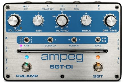 AMPEG SGT-DI Bass Preamp Blue Line Anniversary Edition - Preamplificatore Ampeg commutabile a pedale con voci SVT/B15, caricatore IR, equalizzatore a 3 bande con medi spazzabili, compressore e