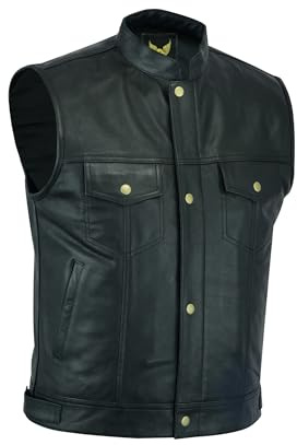 Leatherick Gilet de motard en cuir véritable pour hommes avec boutons ouverts pour l'équitation et la coupe de style gilet de style avec poches profondes