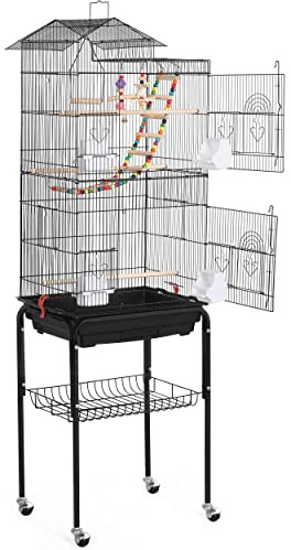 Yaheetech Voliere Oiseaux Interieur Cage Oiseau Cage Perroquet pour Canaris Perruches avec Support Détachable Poignée Toit Ouvrant 46 x 36 x 159 cm Noir