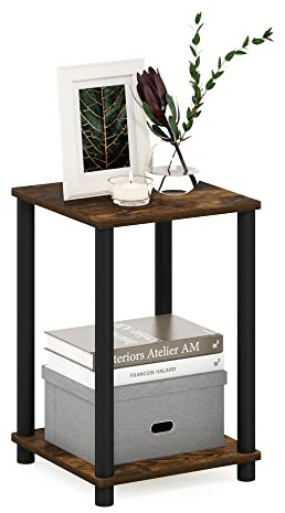 Furinno TURN-N-TUBE Side Table, 2-Tier End Table with Open Shelf, Toolless Night Stand, Bedside Table, for Living Room, Bedroom, Amber Pine