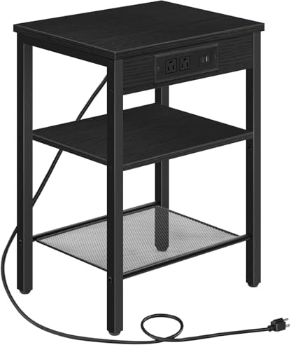 HOOBRO Side Table with Charging Station and USB Port, Small End Table for Small Space, 3-Tier Nightstand with Adjustable Shelf, for Living Room, Bedroom and Balcony, Black BB112BZ01