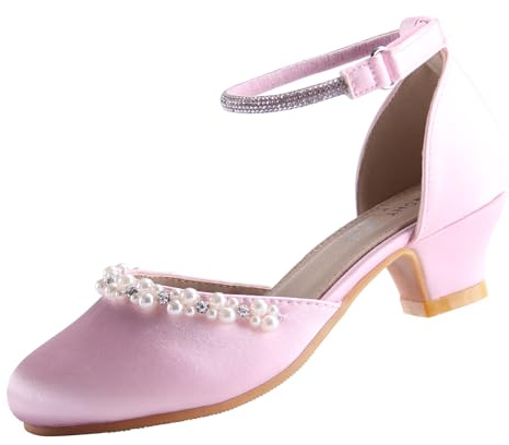EIGHT KM Flickors högklackade klänningskor bröllopsfestpumps prinsessskor EKM7033 Slät glansig sidenpärla Rosa EU-storlek 29