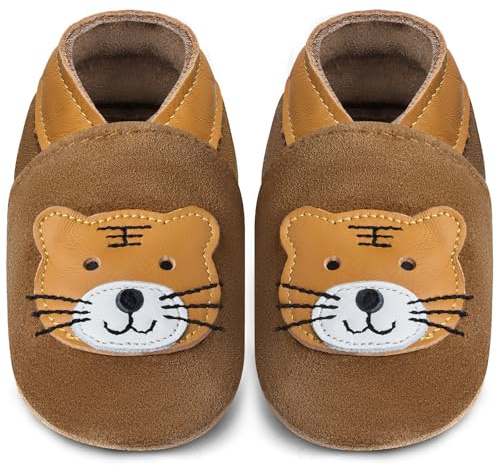 IceUnicorn Chausson Bébé Cuir Souple antidérapantes Chaussure Premiers Pas Bébé Garçon Fille (Tigre Châtaigne, 12-18 Mois)