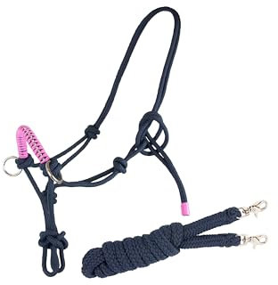 Brama West Knotenhalfter mit Zügel für Pferde - mit Snap-Karabiner und Strass - Navy/Pink - Gr. XFull