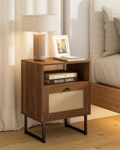 HEYZOEY Mesita de Noche de ratán Moderna de Madera con cajón y Estante Abierto, Mesa Auxiliar con Marco Dorado para Dormitorio, Sala de Estar, Oficina (Nogal)