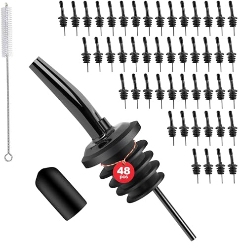 Confezione da 48 versatori per bottiglie in acciaio inox per alcol, liquori e vino, accessori da bar, beccucci per bottiglie e dispenser (nero)
