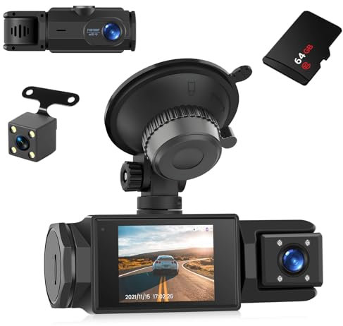 NHOPEEW 3 Canali Dah Cam 1080P con Schermo da 2 pollici - Wifi Dashcam anteriore e posteriore interno - Registrazione in loop Visione notturna Montion Detection