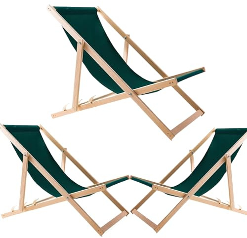 WOODOK Liegestuhl Klappbar - Gartenliege Klappbar bis 120kg, Sonnenliege aus Buchenholz ohne Armlehne (3X Grün)