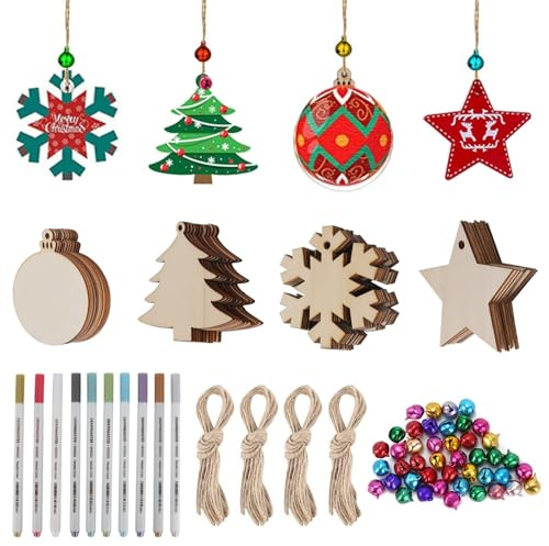 Fairblo 130 Piezas Adornos Navidad Madera con Cordón y Campanas de Colores Adornos Arbol Navidad Madera Copos de Nieve, Árbol de Navidad, Estrellas y Adornos Colgantes Redondos