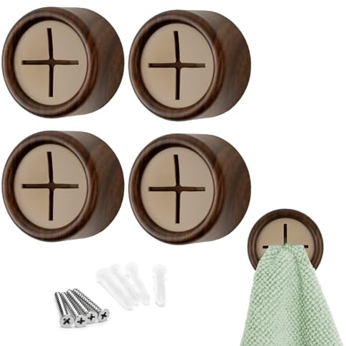S&T INC. Lot de 4 crochets ronds adhésifs pour serviettes de cuisine, essuie-mains et torchons à vaisselle, plastique, noyer