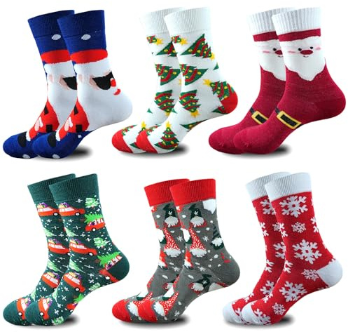 MHwan Calzini Natalizi, Colorati e Divertenti, Set Famiglia da 6 Paia, Comodi Calze Natalizie In Cotone, Divertenti Regali di Natale, Taglia Unica per Uomo e Donna, Unisex