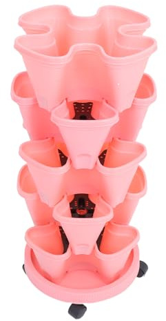 IWOWHERO Set 6 Fioriere Impilabili a Torre per Fragole e Erbe Aromatiche Vasi da Giardinaggio Verticali in Plastica Rosa Base Girevole Salvaspazio per Balcone Patio Interni ed Esterni