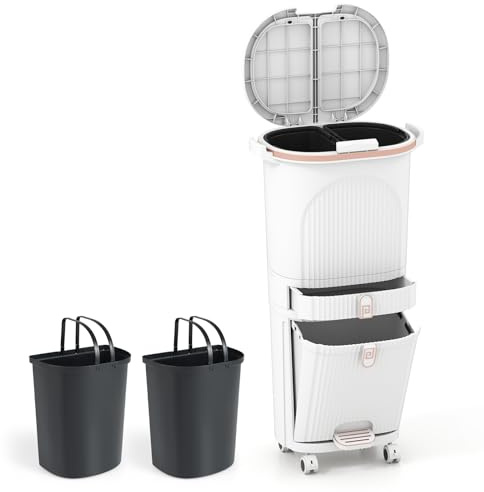 LIFEZEAL 38L / 42L Mülleimer auf Rädern, Abfalleimer mit 3 Fächern & Deckel, Tretmülleimer mit Griff, Küchenmülleimer Abfallbehälter für Küche, Wohnzimmer & Büro (Weiß, 42L)