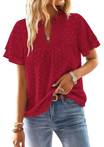 CHICZONE Women's Short Sleeve Tops Boho V Neck T-Shirts Flowy Swiss Dot Ruffle Tunic Tops for Leggings Casual Blouses