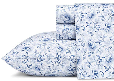 Laura Ashley Home - King Sheets, Soft Sateen Cotton Bedding Set - Sleek, Smooth, & Breathable Home Decor (Lorelei Dark Blue, King)