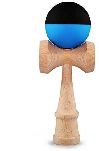 Ganzoo Kendama de Madera de Haya Original de Japón, Modelo Mate Blue, Acabado Azul Negro y Madera Natural, Bola con Agujero y cordón Nylon, 3 Copas Laterales e Inferior, pincho, 16 cm Alto, Bola 6 cm