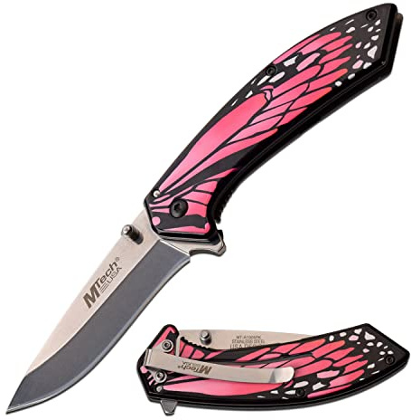 MTech USA – Spring Assisted Folding Knife – Mirror Polished Blade, Stainless Steel Handle w/Pink Butterfly Design, Pocket Clip, Hunting, Camping, Survival, Tactical, EDC – MT-A1005PK