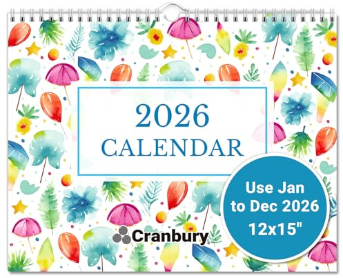 CRANBURY 2026 Wall Calendar 12x15, Large Hanging or Desk Monthly Planner, Seasons Theme, 12 x 15 Size, Jan–Dec 2026, Includes Planner Stickers
