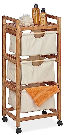 Relaxdays Estantería con Cestas Ropa Sucia, 1 Balda y 3 Cestitos de Tela, 96x43,5x33,5 cm, Estante Nogal, Natural/Beige