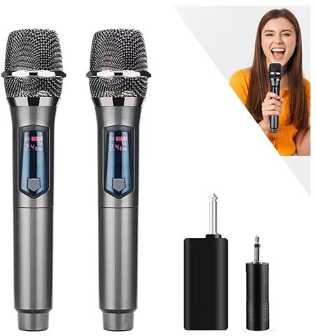 HUACAM 2.4G Wireless Microphone，Dual Microphones for Karaoke, Wireless Dynamic Microphone with Rechargeable Receiver,Plug and Play, Wedding, Church, PA System