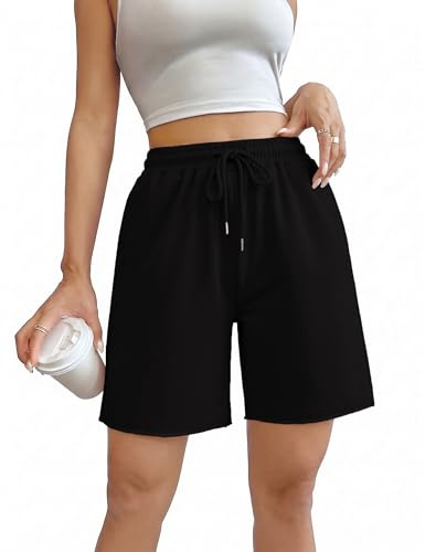 Marvmys Löparshorts för damer, vardagliga loungebyxor med hög midja, sommar, atletisk svettjogging, sport, träning, damer, mjuka cykelshorts med fickor, Svart, S
