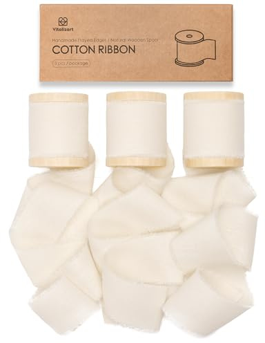 Vitalizart Cinta de Algodón 3,8 cm x 13,7 m Crema, Cintas con Flecos Deshilachados Hechas a Mano para Envolver Regalos, Invitaciones de Boda, Ramos de Novia, Decoraciones Navideñas