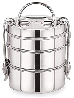 Boîte à repas en acier inoxydable pur contenant 3 étages avec couvercle et poignée pour l'école, le bureau, la maison – Lot de 1 boîte Tiffin