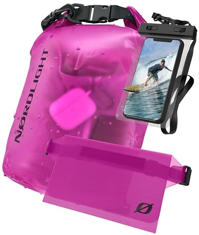 Nordlight wasserdichte Tasche 3er Set (Pink) - Dry Bag 5l + wasserdichte Handyhülle + wasserdichte Hüfttasche | IPX8 Schutz | Mit Verstellbaren Gurten Für Strand, Stand Up Paddling