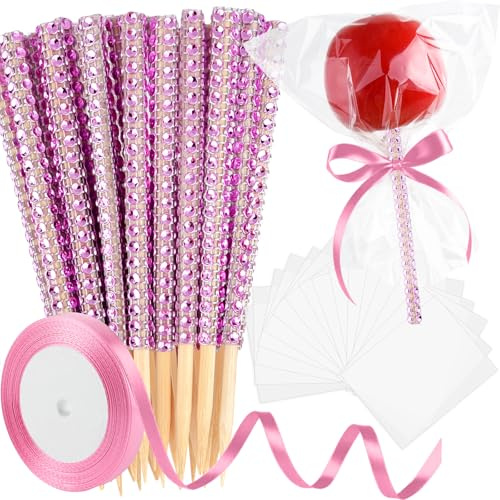 ASTARON 24 Pack Pink Glitter Bling Candy Apple Sticks with Bags Set