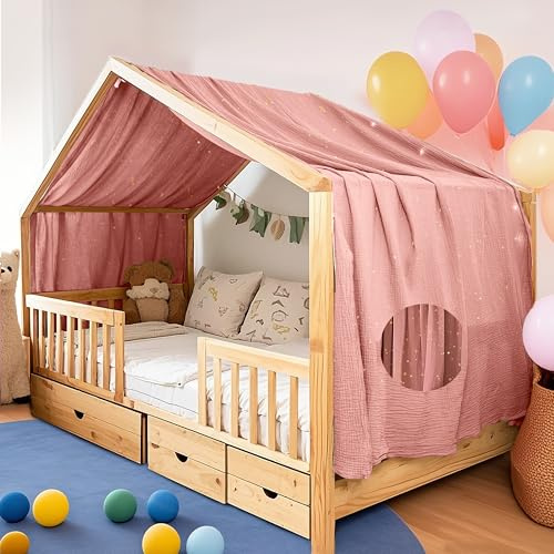 FloraVigo Home Housse de Couette avec Applique Dorée, Fait à la Main en 100% Mousseline de Coton, Ciel en Tissu pour Décoration de Lit Maison, Convient pour Filles Et Garçons (Vieux Rose, 132 x 420 cm