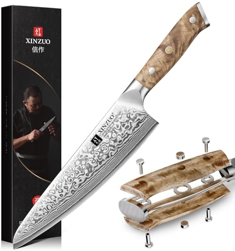 XINZUO 21cm Coltello da Cuoco 67 Strati in Acciaio Damasco-Professionale Forgiato a Mano Coltello da Chef da Cucina Lame Affilate-Nucleo in Acciaio 10Cr15CoMoV-Manico in Legno di Sicomoro Figurato