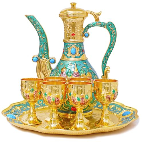 Vintage Turkish Coffee Pot Tea Pot Set,Crafts Teapot and Cup Set Including Tray and 6 Metal Cups,Tea Service Set for Tea Table Decor,Wedding Ornament (Green and Gold)