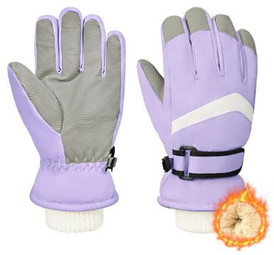 Kids Snow Ski Gloves Winter - Waterproof Warm Gloves for Boys Girls Ages 4-12, Cold Weather Thermal Fleece Outdoor Sports Mittens Windproof Purple Medium(fits 6-8 years)