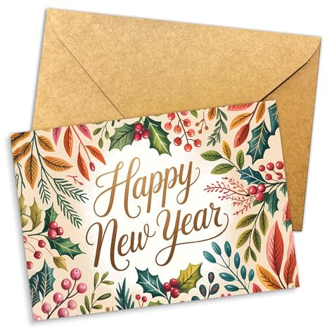 Podagree Happy New Year Card Gold Lettering with Fireworks Design Festive Celebration Greeting for Friends Family Coworkers Elegant Luxury New Year 2026 Holiday Card 5.3''x8'' Folded with Envelope