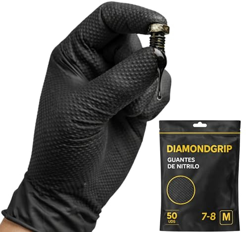 AFA Prime 50XGuantes Doble Diamantado Desechables Nitrilo Negro– Profesionales hasta 10,4g Triple Resistencia | Guantes Trabajo para Taller, Industria, Limpieza y Hogar | M