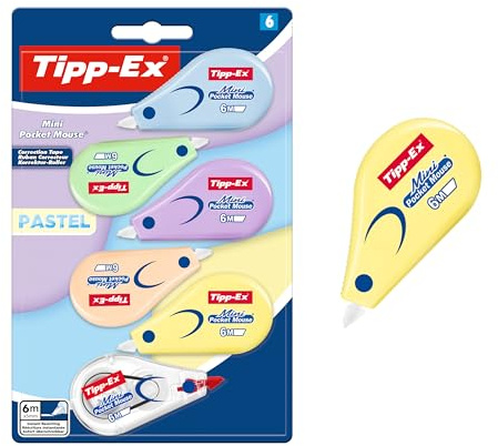 Correttori Tipp-Ex Mini Pocket Mouse Pastel (6 m x 5 mm) - Erogatore disponibile in 5 colori pastello e 1 classico, Confezione da 6