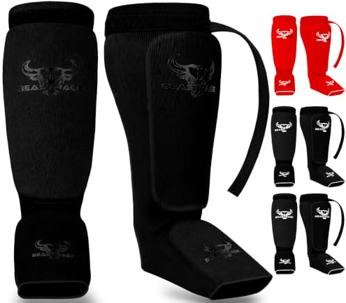 BEAST RAGE Protège-Tibias pour Le Kickboxing et Le Muay thaï–Protège-Tibias et protège-Cou-de-Pied pour Le MMA,protège-Jambes rembourrés et élastiques pour Le Combat d'entraînement (Noir, S)