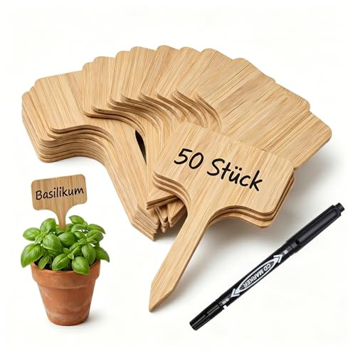 Pubbyuer Pflanzenschilder Bambus 50 Stück inkl. wasserfestem Stift – Wetterfeste Pflanzenstecker T-Form zum Beschriften – Nachhaltige Holz Gartenetiketten für Kräuter, Hochbeet & Anzucht
