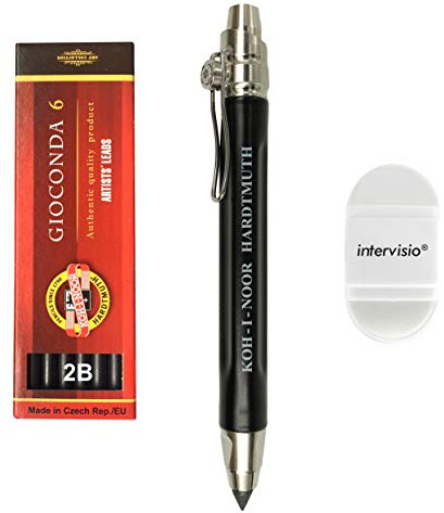 intervisio Koh-I-Noor 5311 Mechanischer Fallminenstift 5,6 mm – Metallminenhalter mit Graphitminen Set 4865 2B Bleistiftspitzer mit Radiergummi - für Schule, Büro, Schriftsteller, Künstler