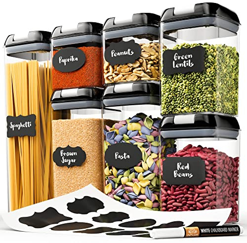 Chef's Path Airtight Food Storage Containers for Kitchen Storage - Clear Plastic - Durable and Strong Lids - Labels and Chalk Marker (Pack of 7)