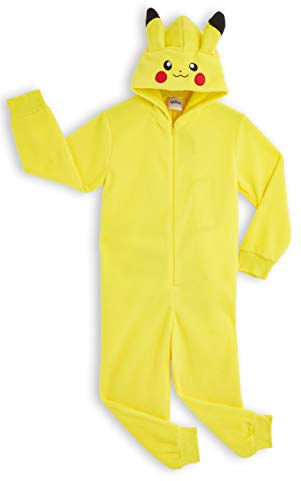 Pokemon Jumpsuit Kinder & Teens, Fleece Onesie Kostüm mit Kapuze & Reißverschluss, Pikachu Anime Geschenke für Jungs (11-12 Jahre, Gelb Pikachu)