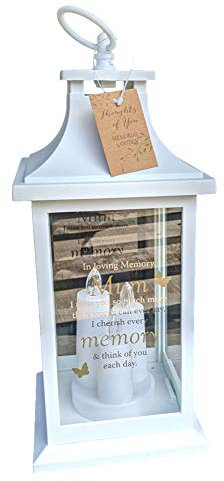 Thoughts of you In Loving Memory MUM White Memorial Lantern with 3 LED Candles Battery Op